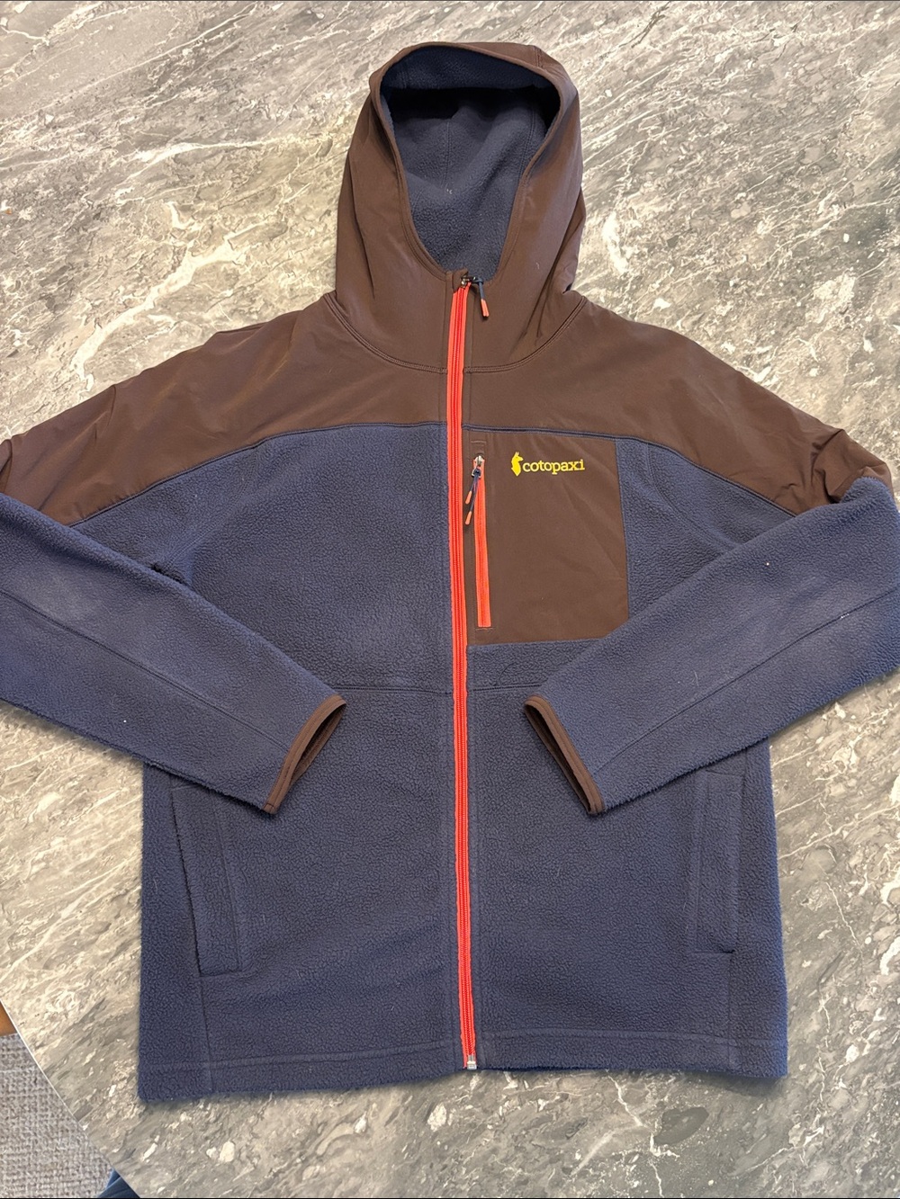 cotopaxi Navy & Brown Hooded Fleece Jacket with Red Accents